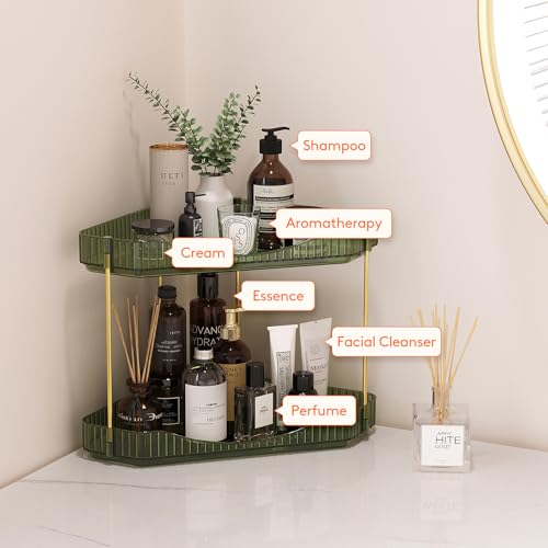 Image of Lifewit 2-Tier Corner Bathroom Counter Organizer, Plastic Makeup Skincare Organizers Storage Countertop, Large Sink Cosmetic Perfume Shelf for Bedroom, Dresser, Kitchen, Vanity, Green, 25 cm /10inch(H)