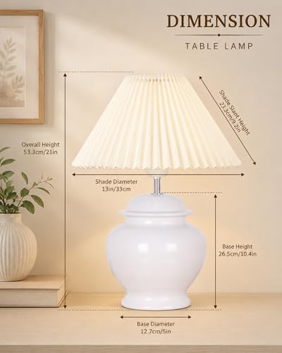 Image of Homesake White Ceramic Table Lamp for Bedroom Living Room,Incandescent,Modern Bedside Lamps Light,Nightstand for Home Office,Minimalist Nordic Style Accent Lighting Decor, (Off-White Pleated Shade)