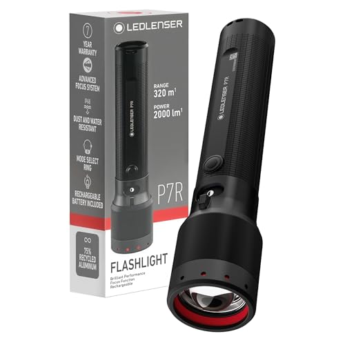 Ledlenser P7R Rechargeable Flashlight - 4600mAh Li-ion, Black - 2000-Lumen Boost & 320m Beam, High-Lumen Flashlights - Flicker-Free Flood-to-Spot Beam - 80h Runtime & Fast USB-C Charging