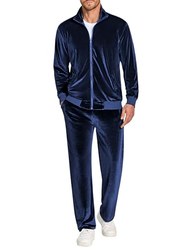COOFANDY Velvet Tracksuit Men Fleece Jackets Full Zip Track Suits 2 Piece Set 90s Jogging Suit Dark Grey