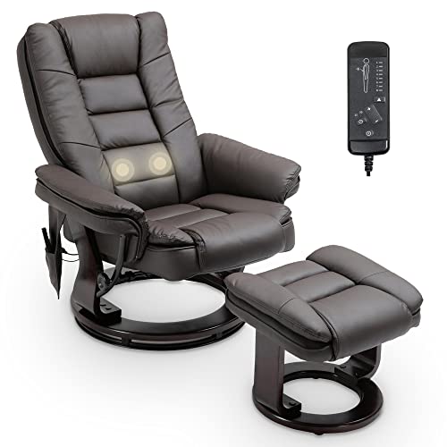 Recliner with Ottoman,Recliner Chair and Ottoman Set,PU Leather Recliner with Footstool,360 Degree Swivel Living Room Chairs,Overstuffed  Lounge Chair with Ottoman,2 Points Massage,Bentwood Base