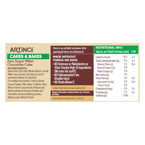 Artinci Eggless Sugar Free Chocolate Cake (150g)- Diabetic Friendly & High Protein, Healthy Low-Calorie Cake with Millets, Healthy snack for Weightloss, As seen on Shark Tank India (Pack of 1)