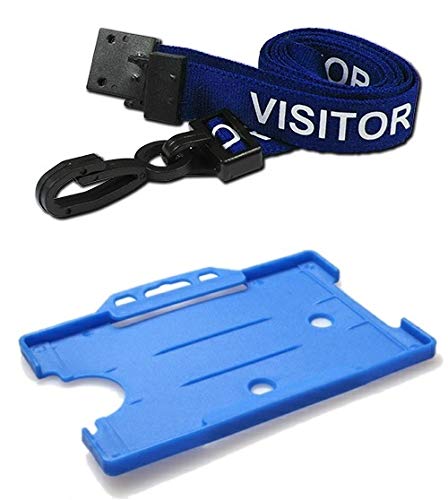 Identity-Plus: Blue Pre-Printed Visitor Lanyard (Plastic J Clip, Safety Breakaway Point) with Light Blue Landscape ID Card Holder (100)
