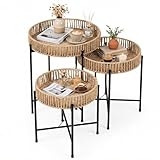 COSTWAY Set 3 Tavolini da Salotto Impilabili, Tavolini Sovrapponibili con Cestino Rotondo in Rattan, Struttura in Metallo e Piedini Antiscivolo, Mobile ad Incastro in Stile Boho per Soggiorno