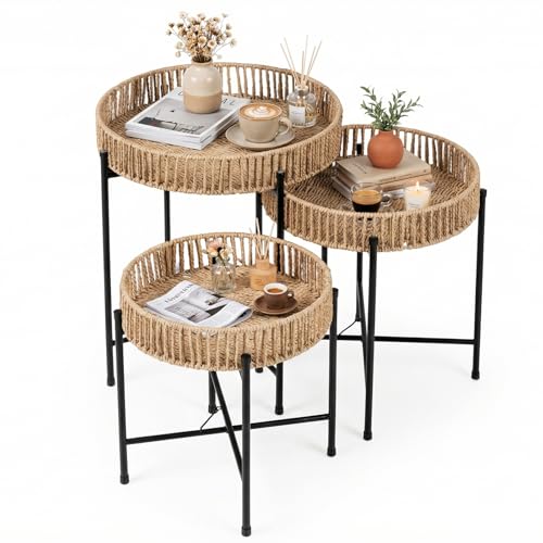 Giantex Round Nesting Side Tables Set of 3, Weaving End Tables with Metal Legs, Boho Coffee Tables for Living Room, Bedside Tables for Small Spaces, Accent Nightstands for Bedroom, Natural