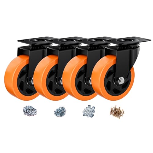 Image of 4 Inch Caster Wheels, Casters Set of 4 Heavy Duty, Orange Polyurethane (PU) Casters, Industrial Swivel Top Plate Castor Wheels for Workbench /Furniture /Cart (Pack of 4)