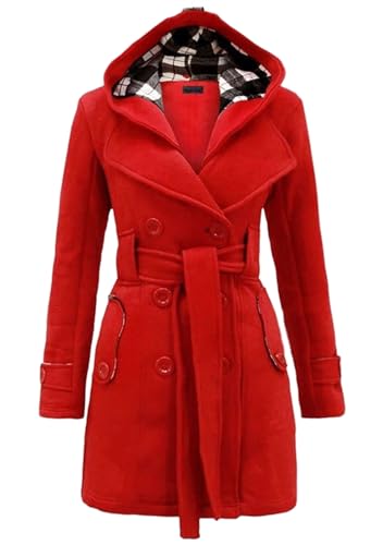 Image of EFOFEI Women Winter Lightweight Solid Coat Midi Length Hooded Warm Pea Coat Red 2XL
