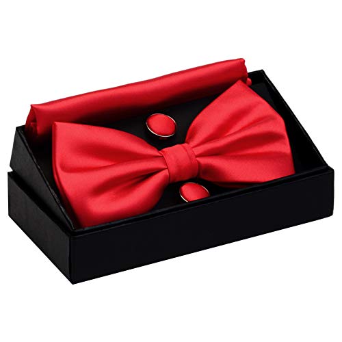 Image of GUSLESON Men's 3-pc Solid Color Bow Tie Gift Set - Double‑Fold Pre-Tied Bow Tie, Pocket Square, Cufflinks - Wedding Formal Party