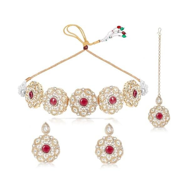 IIJ Traditional Latest Crystal Choker Necklace Design Red Ruby and Golden | Round Stud Earrings with Kundan Flower Design | Maang Tikka for Wedding Jewellery Set for Women & Girls