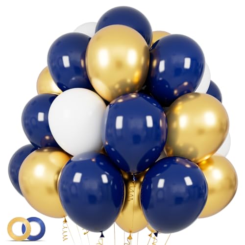 100 pcs Navy Blue and Gold Balloons 12 inch White Dark Blue and Gold Metallic Chrome Balloons for Birthday Party Celebration Graduation Decorations