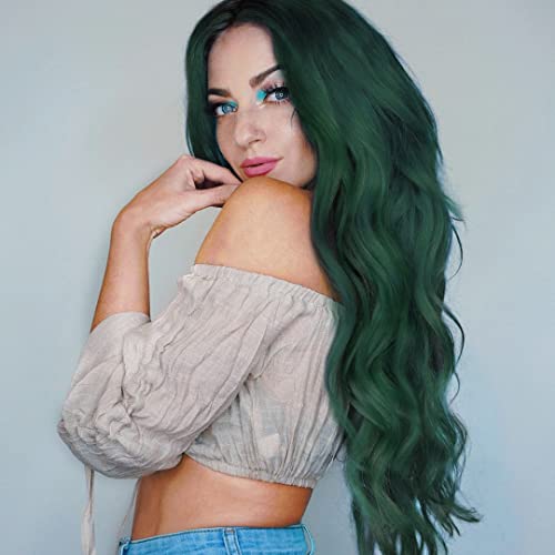 AISI HAIR Long Wavy Wigs Middle Part Wigs Natural Looking Heat Resistant Fiber Synthetic Wigs for Women (Green)