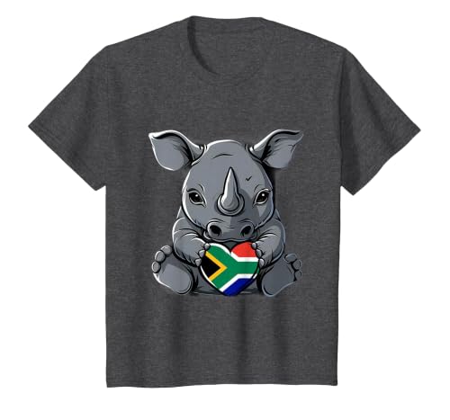 South Africa Flag Cute Rhino Heart South African Pride T-Shirt, Youth, Dark Heather Grey, Small