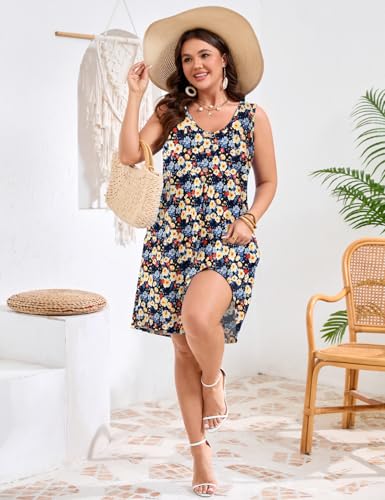 Image of JollieLovin Women Plus Size Summer Sundress Tank Sleeveless V Neck Beach Swing Dress Swimsuit Cover ups(L-5X)