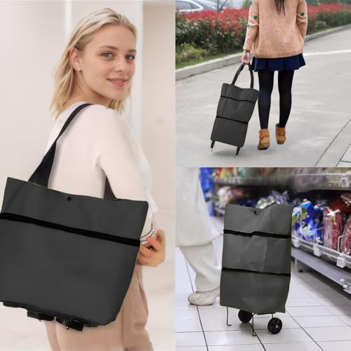 Vikooyes Collapsible Shopping Grocery Bag With Wheels Rolling Tote Bag With Wheels Large Reusable Shopping Bags(Black,Large)