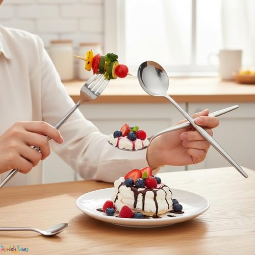 Image of Slim Handle Silver 24 Pcs Stainless Steel Cutlery Set for Dining Table, Dishwasher Safe Glossy Flatware (6 Spoon Set + 6 Forks Set + 6 Butter Knife + 6 Dessert Spoon)