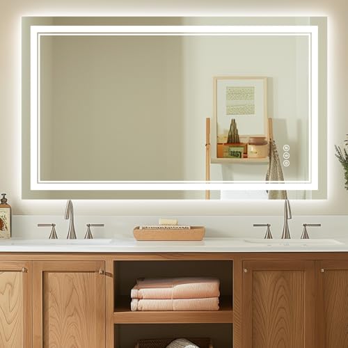 TIFULLHOME Upgraded Led Bathroom Mirror with Front and Backlit, 48x36 Inch Led Mirror for Bathroom, Anti-Fog, Acrylic Side, Top Tempered Glass, Dimmable, Rotatable Bathroom Vanity Mirror with Lights