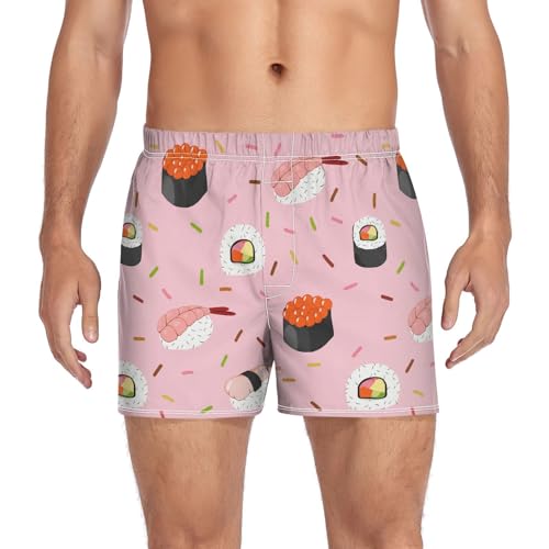 Sushi Roll Pink Men's Cotton Boxer Shorts Pajama Bottoms Moisture-Wicking Underwear Sleep Shorts with Button Fly