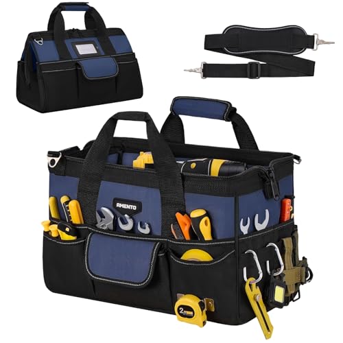 Amento 16-Inch Heavy Duty Tool Bag 22 Pockets Empty Tool Box Organizer Storage Soft Tote Toolbox Organization Portable Handle Carrying Work Toolbag for Electrician Mechanic Dad Men Gifts Blue