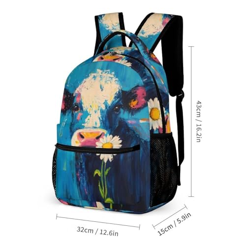 Funny Daisy Cow Painting Printed Backpack with Lunch Box Bag Pencil Case Pouch 3pcs Daypack Set for Women Men2