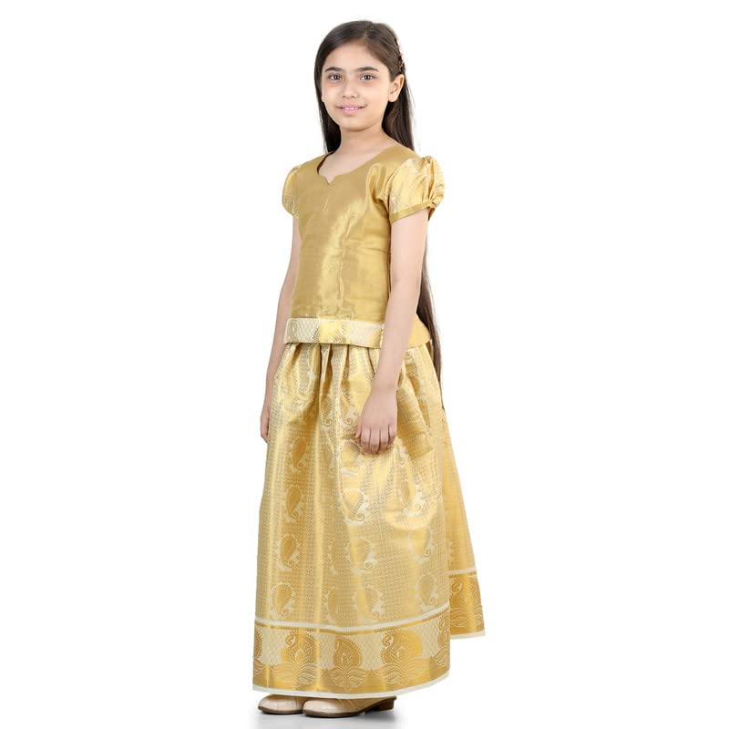 Image of BownBee Girls Silk Blend Pavda Pattu Lehenga Choli South Indian Traditional Ethnic Dress for Kids with Half Sleeves, Round neck, Back Hook Closure Dresses for Baby Girl