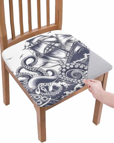 Dining Chair Seat Covers Set of 6, Navy Blue Nautical Removable Washable Chair Cover Slipcovers, Octopus Sailboat Waves Coastal Dust-proof Stretch Chairs Cover Seat for Kitchen Decor