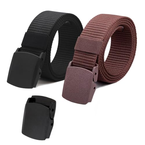 Image of Nylon Tactical Military Men Belt Webbing Canvas Web Belts with Plastic Buckle No Metal Nickel Free, 2 Pack