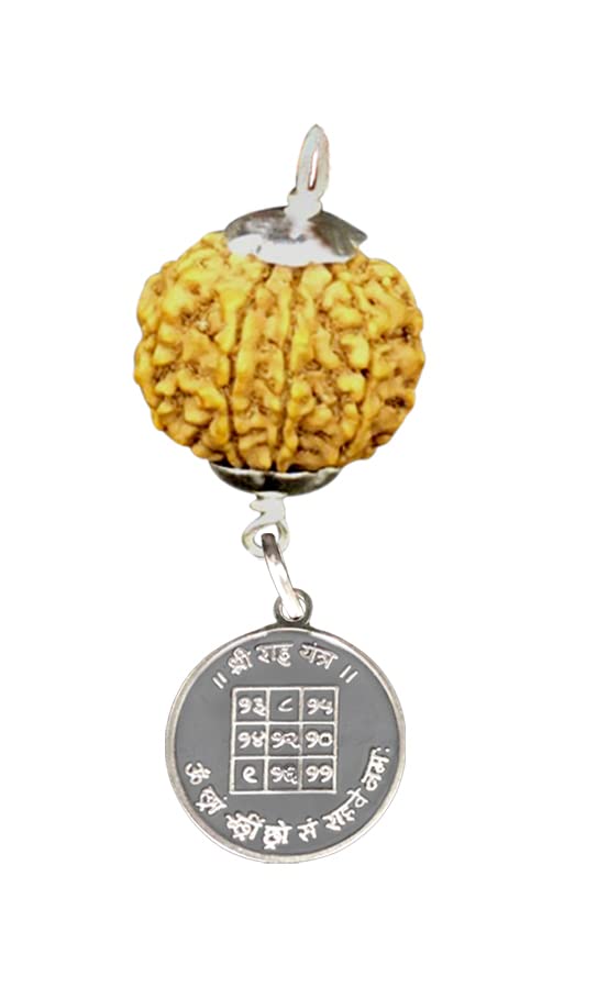 Colgante Rahu Planet Kavach con cuentas Rudraksha de Nepal y Yantra de plata pura