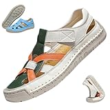 HESYSUAN Sandales de pêcheur pour femme - Large largeur - En cuir tressé - Semelle souple antidérapante - Bout fermé - Chaussures de plage et de marche, beige, 10 UK Wide