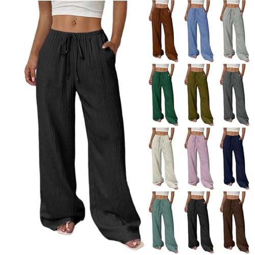 Damen Sommerhose Leinenhose Damen Sommer Palazzo Hose Leichte Lang Weites Bein Sommerhose Elegant Einfarbig Stoffhose Bequem Leinen Freizeithose High Waist Hosen Sommer