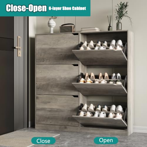 Image of Xixini Shoe Storage Cabinet for Entryway with 6 Flip Drawers, Sturdy Wood Hidden Shoe Storage, Freestanding Narrow Slim Shoe Organizer for Front Door Entrance, Living Room, Hallway, Bedroom, Grey