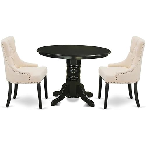 East West Furniture SHFR3-BLK-02 3 Piece Modern Dining Table Set Contains a Round Kitchen Table with Pedestal and 2 Light Beige Linen Fabric Parson Dining Chairs, 42x42 Inch, Black