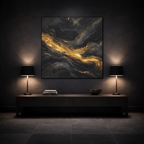 Tableau abstrait marbre noir et or 35x35 cm pour décoration murale de salon