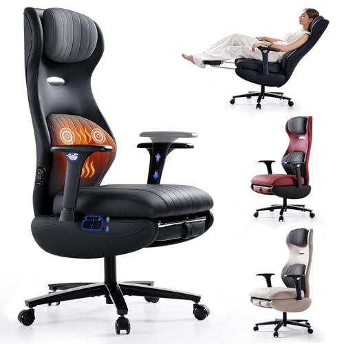 EMIAH Sedia da Ufficio Ergonomica, Sedia da Scrivania Reclinabile con Poggiapiedi, Braccioli Regolabili, SediaGioco Riscaldamento Massaggio, Sedia Direzionale con Supporto Lombare, Pelle PU (Nero)