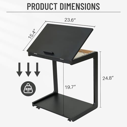 Image of Uniclinens Rolling Side Table, C Shape Couch End Table with Wheels, Mobile Wooden Sofa Tray,Movable Small Couch Desk for Bedroom Living Room, Black