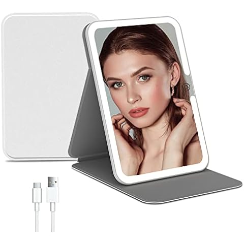 Rechargeable Travel Lighted Makeup Vanity Mirror with PU Leather Cover,Portable Travel Makeup Mirror with lights,3 Color Lighting,Touch Sensor Dimmable, Light Up Tabletop Cosmetic Mirror Folding White Cover