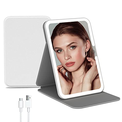 Rechargeable Makeup Vanity Mirror with 72 Led Lights, Lighted Travel Portable Light up Beauty Mirror, 3 Color Lighting, Dimmable Touch Screen, Tabletop Desk LED Foldable Cosmetic Mirror with Lights