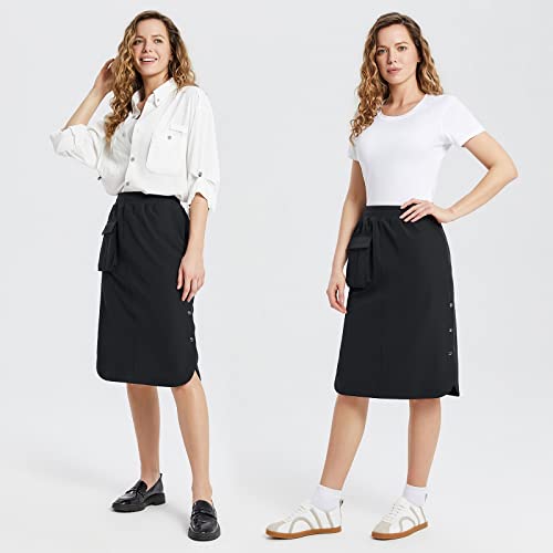Baleaf Women's Long Casual Skirt Pocket With Slit 26.5" Midi Calf Length Elastic Waist Stretch For Travel Black Size L #TOP6