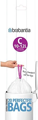 Brabantia IdealFit Bin Liners (Size X/10-12 Litre) Ideal Quality Thick Plastic Trash Bags with Tie Tape Drawstring Handles (20 Bags), White