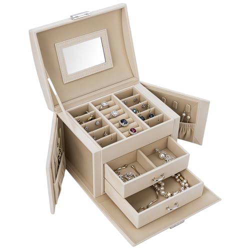 QWORK® Boîte à bijoux à 3 niveaux avec 2 tiroirs, rangement de bijoux portable, avec poignée