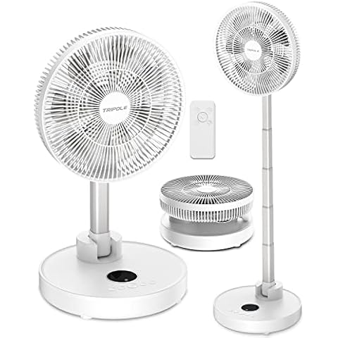TriPole 12” Foldaway Standing Fan, 6 Speeds Oscillating Pedestal Fan with Remote Control, 12000mAh Battery Operated Floor Fan, 5-31.5H Working Portable Desk Fan for Bedroom Home Office Camping, White Cover