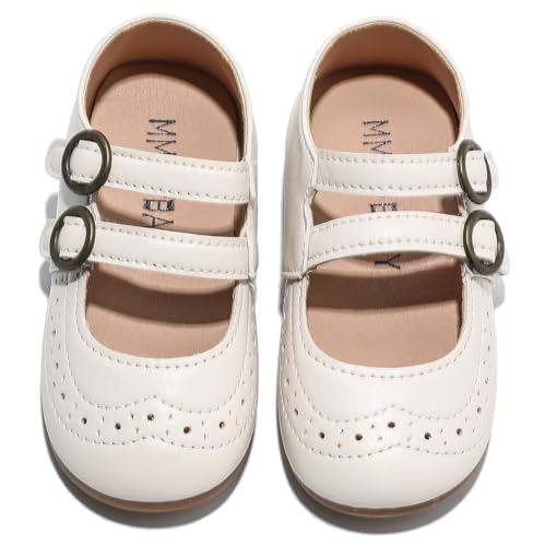 DADAWEN Girl's Classic Mary Jane Flats School Uniform Shoes Dress Shoes Party Wedding Shoes Cream White US Size 7.5 M Toddler