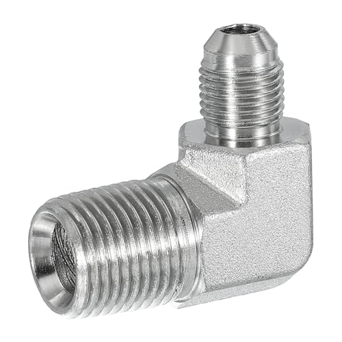 Image of PATIKIL 90 Degree Pipe Adapter, 9 /16 inch Male 37 Flare JIC x 1 /2 inch BSPT Male Connector Carbon Steel Elbow Fitting for Air Hydraulic Fluid Fuel Water Oil, Silver