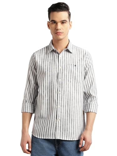 Image of Thomas Scott Men's | Stripes | Full Sleeve | Regular Fit | Linen Blend | Spread Collar | Casual Shirt