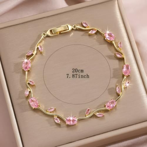 Image of Inites Fairy Bloom Floral Tulip Bracelet With Pink Crystal Stones For Girls & Women | Elegant Anti Tarnish Golden Chain Link Floral Branches Bracelet Lightweight Jewelry For Daily Wear & Gifts