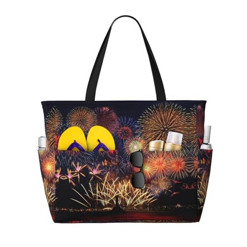 Fireworks Extra Large Tote Bag For Women,Foldable Beach Bag With Pocket Weekender Travel Overnight Bag