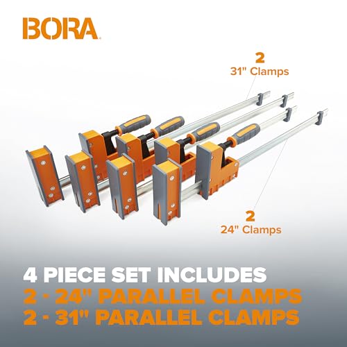 Bora 4 Piece Parallel Clamps for Woodworking Clamps 4 Pack 2 x 24 inch plus 2 x 31 inch Parallel Clamp Spreader Set Bar Clamp 1100 Lbs clamping force Bar Clamp Set 571550I