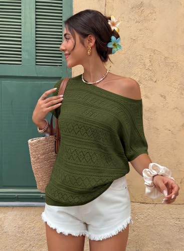 Image of Cakulo Womens Off The Shoulder Batwing Short Sleeve Crochet Tops 2026 Spring Summer Sweater Top Knit Beach Cover Up