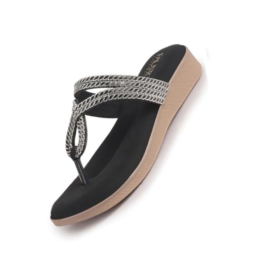 Image of FAUSTO Women T-Strap Slip On Ethnic Sandals with Rhinestone Strap | Wedge Ortho Slip-On Slippers | Perfect for Wedding, Festive Outfits