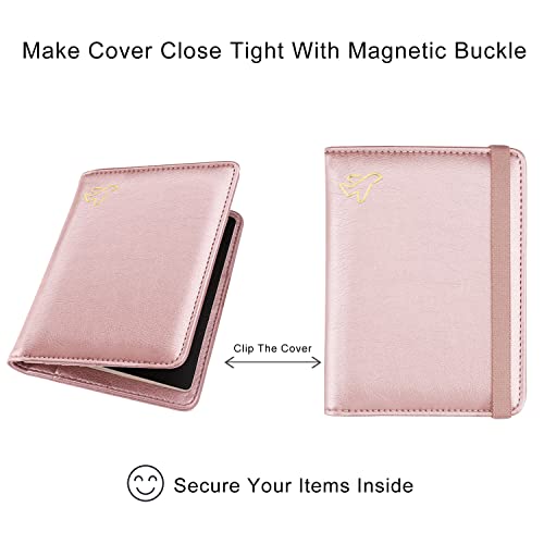 Image of WALNEW Passport Holder for Travel, RFID Passport Cover Wallet for Women Men, PU Leather Passport Book Card Holder Case with Pen (Elastic Band Closure, C-Rosegold)