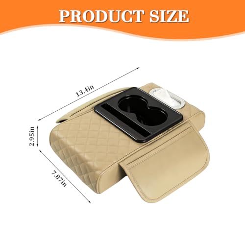 Image of Car Armrest Cushion, 5-in-1 Nappa Leather Vehicle Centre Console Cover with 2 Storage Pockets, Cup Phone & Phone Holder, Multifunctional Auto Organiser Accessories, Universal Fit (Beige)
